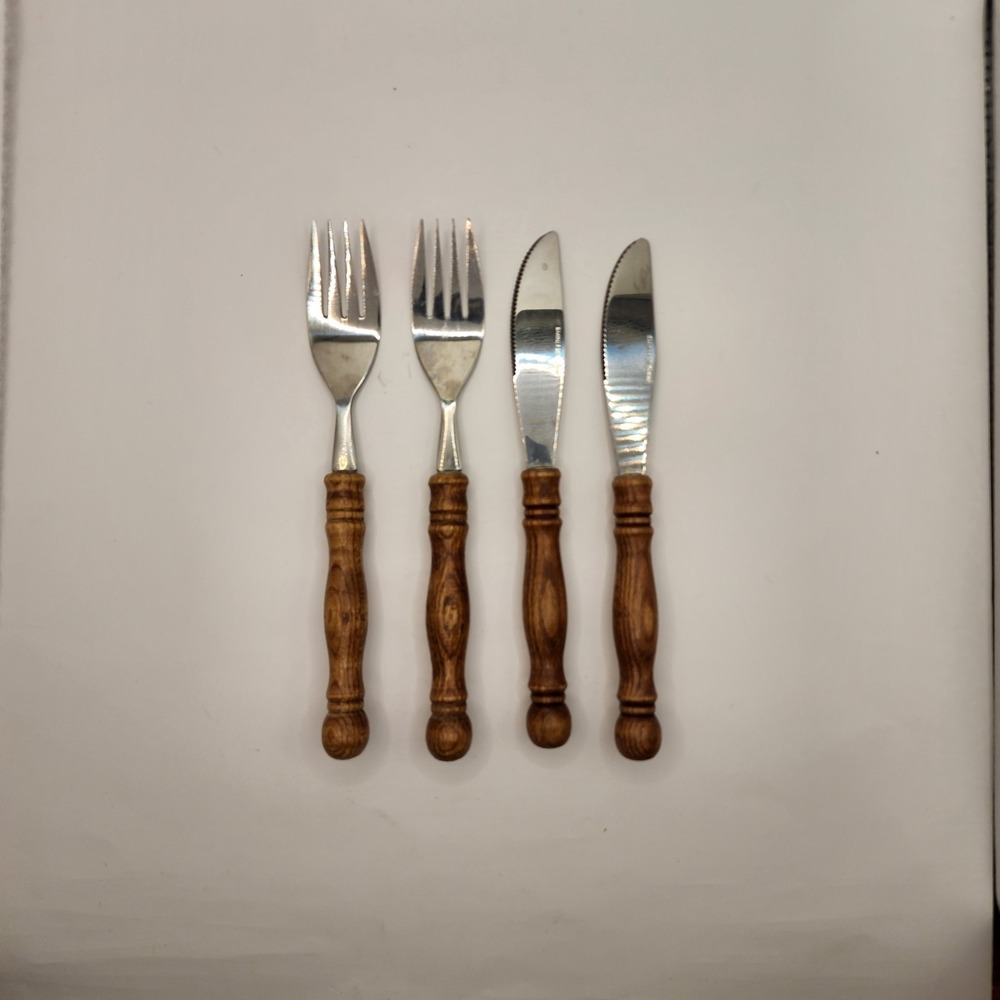 Vintage Old Homestead Stainless Steel Wood Handle Forks & Butter Knives Set of 4